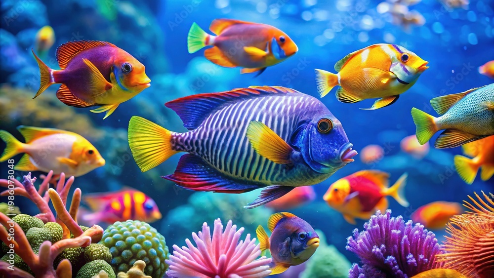 The fish swims luxuriantly in electric blue water, its dazzling scales and eye-catching patterns shimmering with mesmerizing beauty. The fish swims luxuriantly in electric blue water, its dazzling scales and eye-catching patterns shimmering with mesmerizing beauty.