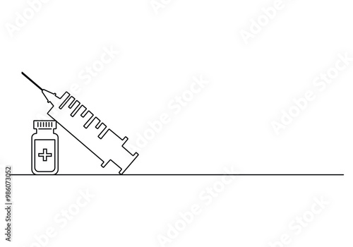 Medical syringe and bottle with liquid drug in continuous one line drawing vector illustration