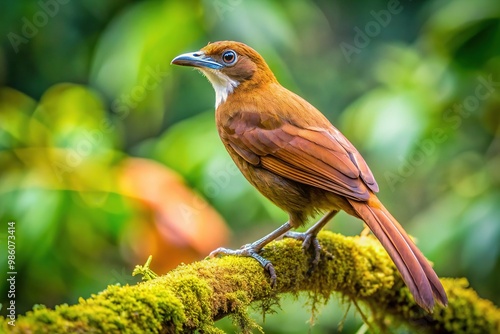 The large, ancient-looking bird sits calmly on a horizontal branch, surrounded by vibrant green foliage that stretches out in all directions.