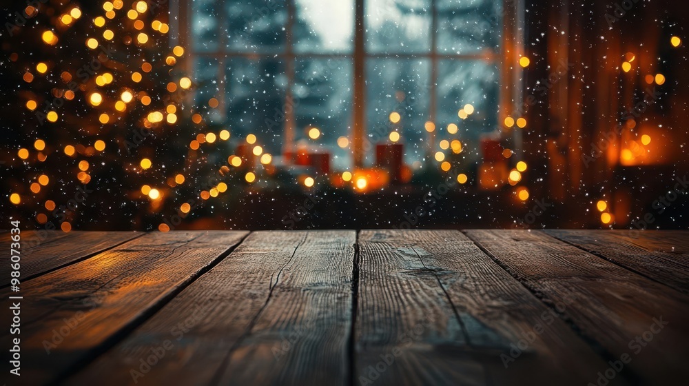 rustic wooden table in warm cozy living room soft focus christmas tree lights create a magical bokeh effect gentle snowfall visible through frosted window rustic wooden table in warm cozy living room soft focus christmas tree lights create a magical bokeh effect gentle snowfall visible through frosted window
