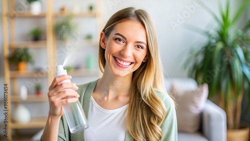 The smiling young woman grasped an air freshener spray bottle in her hand, exuding a carefree aura as she strolled down the sunlit street. photo