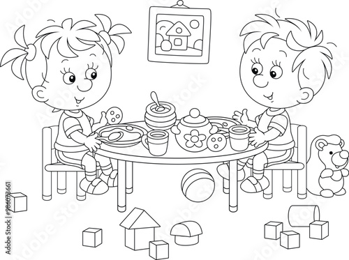 Happy little girl and boy eating porridge, sweet cookies and drinking tea with milk at breakfast in their nursery among toys, black and white outline vector cartoon illustration for a coloring book