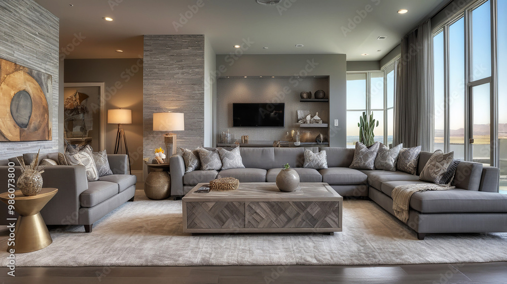 Step into a modern living room with textured patterns and a striking gray palette for dynamic appeal Step into a modern living room with textured patterns and a striking gray palette for dynamic appeal