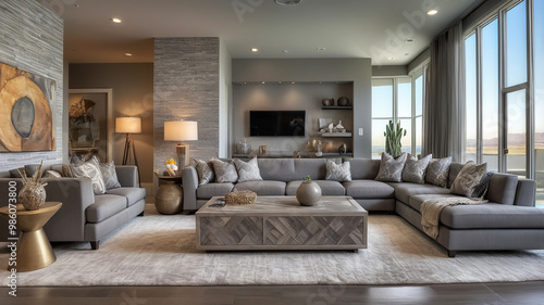 Step into a modern living room with textured patterns and a striking gray palette for dynamic appeal