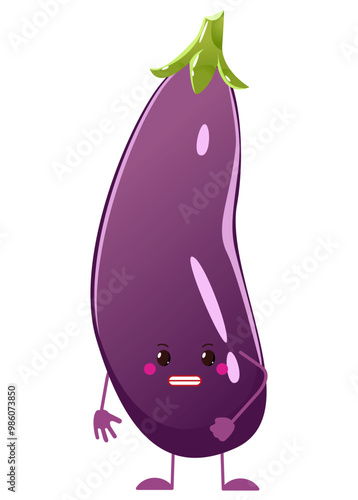 Traditional Eggplant Cartoon Illustration. Character purple eggplant with embarrassed or confused face emotion. Isolated on white design for print or web.