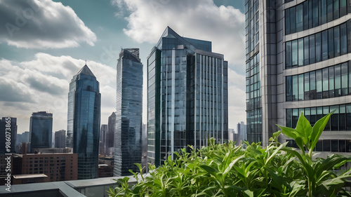 Manhattan skyscrapers pierce the blue sky, creating a breathtaking urban skyline