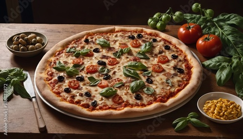 a pizza covered in various toppings, on top of a table