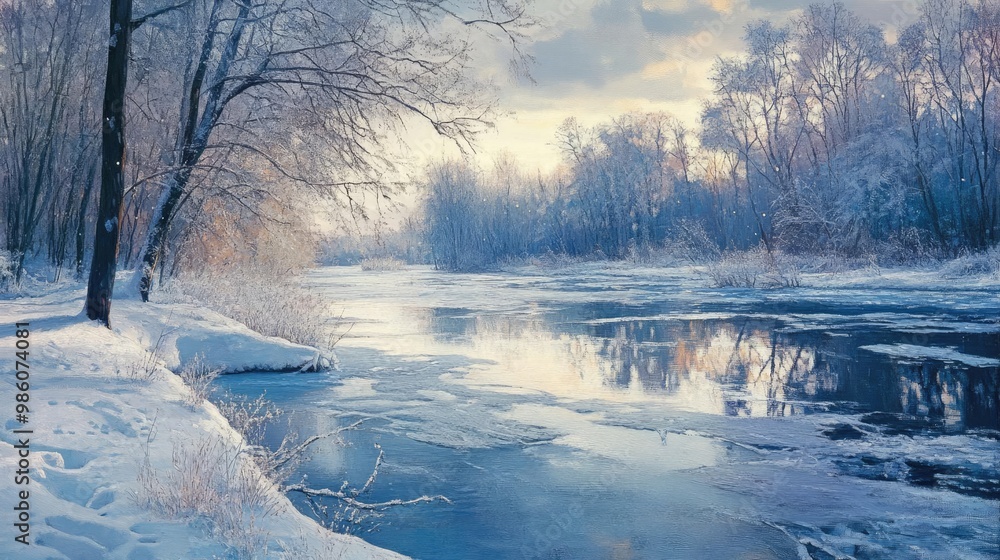 A serene winter landscape featuring a frozen river and snow-covered trees under a beautiful cloudy sky. A serene winter landscape featuring a frozen river and snow-covered trees under a beautiful cloudy sky.