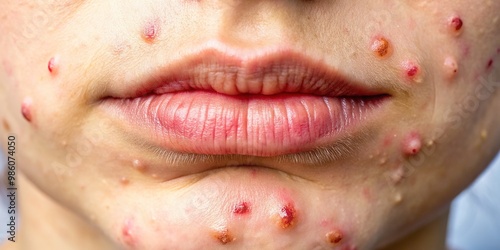 Tiny bumps and whiteheads erupt on the lips, highlighting concerns of comedonal acne and seborrheic dermatitis, often accompanied by rosacea and eczema. photo