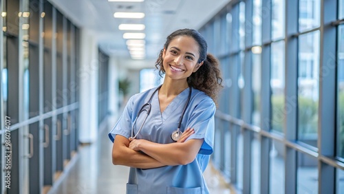 The smiling medical assistant stands with arms crossed in a welcoming hospital setting, radiating warmth and reassurance during Appreciation Week celebrations.