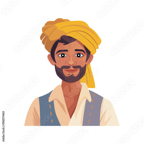 A Indian villager illustration of a man wearing a yellow turban and traditional clothing. The smiling and friendly design makes it suitable for cultural, rural, or lifestyle-themed content