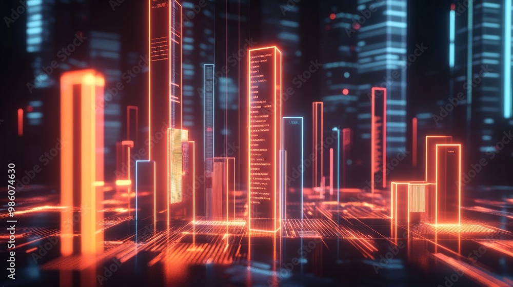 A futuristic 3D bar chart with glowing neon bars and financial data overlaying a dark background, perfect for showcasing economic trends. A futuristic 3D bar chart with glowing neon bars and financial data overlaying a dark background, perfect for showcasing economic trends.