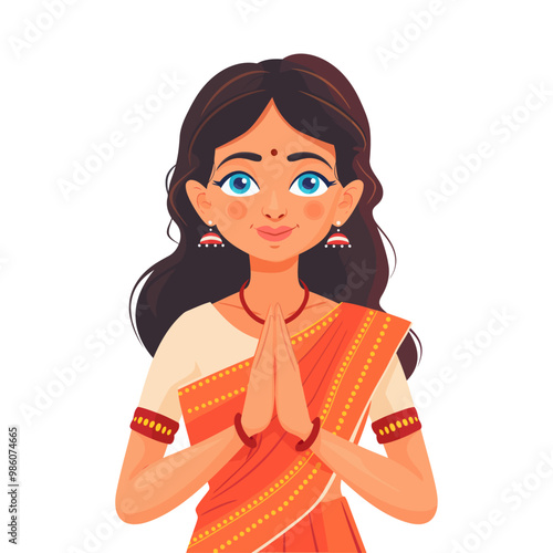 A charming cartoon illustration of an Indian woman in a traditional sari, performing the Namaste gesture. Perfect for cultural content, greeting cards, and Indian traditions