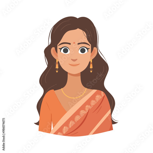 A beautiful cartoon illustration of an Indian woman wearing a traditional sari with long wavy hair. This elegant design is perfect for cultural content, character designs, and fashion illustrations.