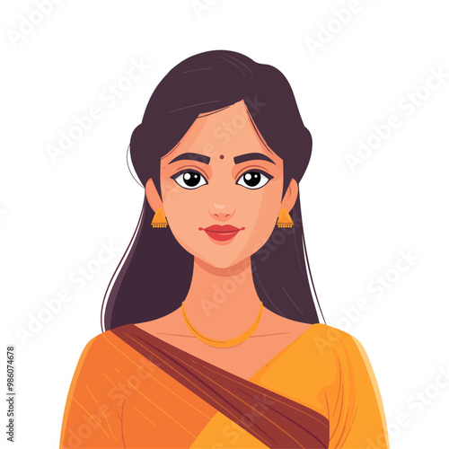 A beautiful cartoon illustration of a woman wearing a traditional Indian sari with a calm and composed expression. Perfect for cultural content, character designs highlighting Indian attire
