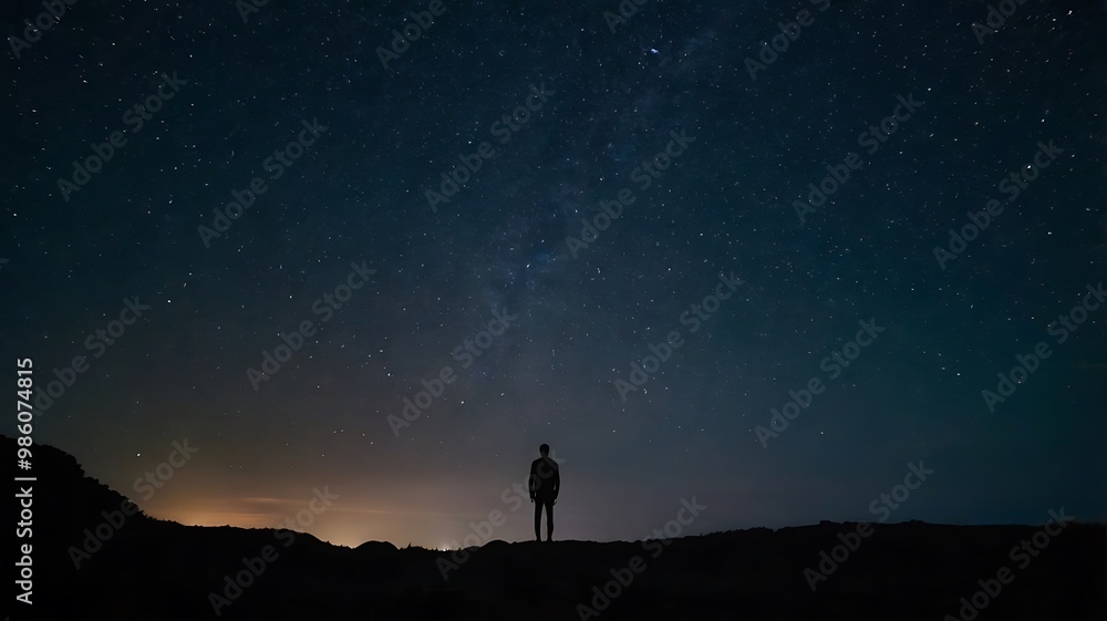 A starry night sky with a silhouette of a person gazin A starry night sky with a silhouette of a person gazin