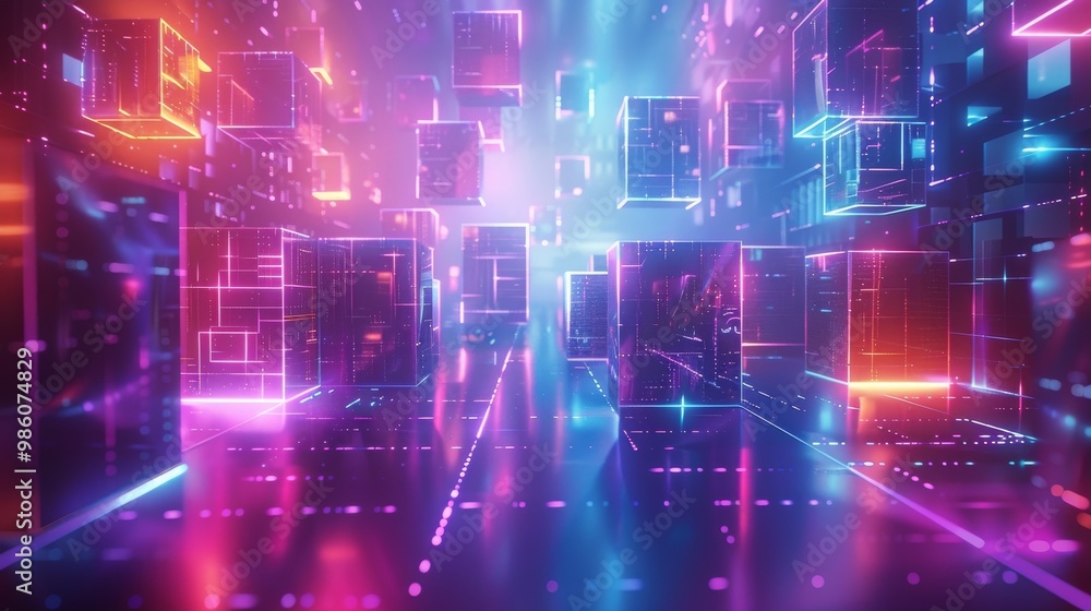 glowing neon grids with floating 3D shapes glowing neon grids with floating 3D shapes