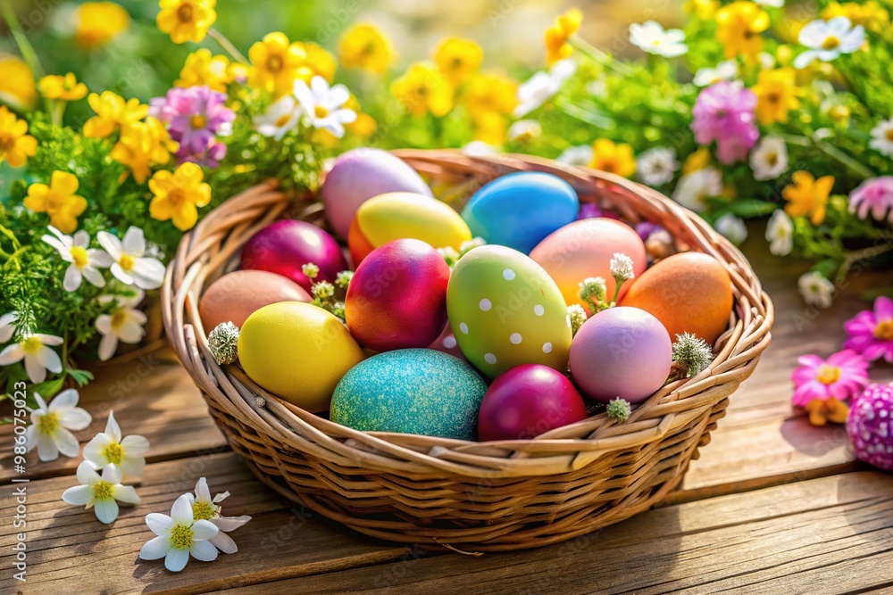 Vibrant Easter eggs rest nestled among soft petals and leafy tendrils, surrounded by a kaleidoscope of colors in a lush spring bouquet. Vibrant Easter eggs rest nestled among soft petals and leafy tendrils, surrounded by a kaleidoscope of colors in a lush spring bouquet.