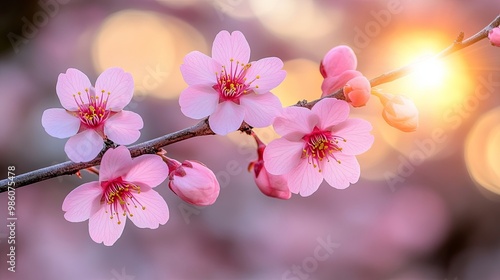 Delicate Pink Blossoms Bask in the Warm Glow of the Setting Sun, Their Petals Unfurling with Grace and Beauty