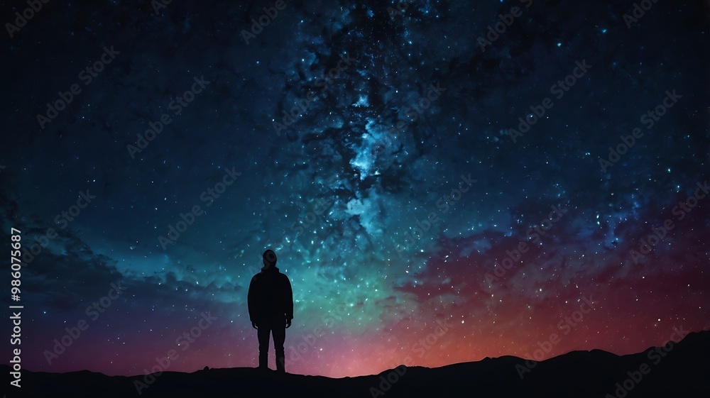 Fototapeta premium A starry night sky with a silhouette of a person gazin