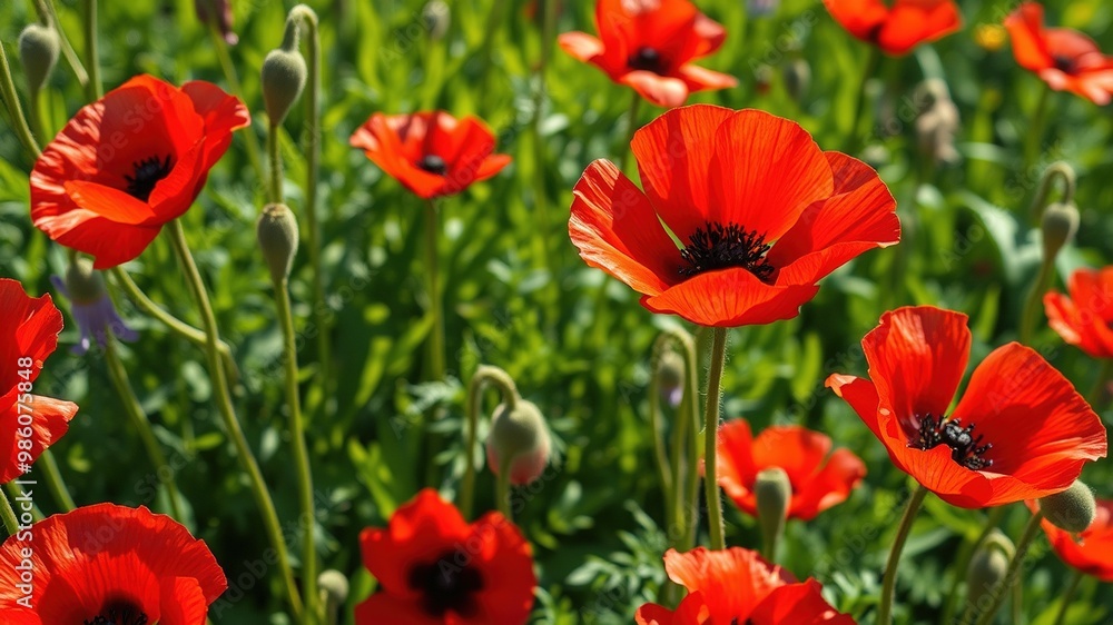 Obraz premium Vibrant red poppy flowers with delicate petals and a prominent black center bloom amidst lush greenery, radiating warmth and serenity on a sunny day.