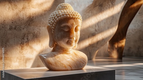 A Buddha head sculpture made of polished onyx, displayed on a sleek, modern pedestal with a backdrop of soft, ambient lighting. The statueâ€™s smooth surface and serene expression are highlighted by photo