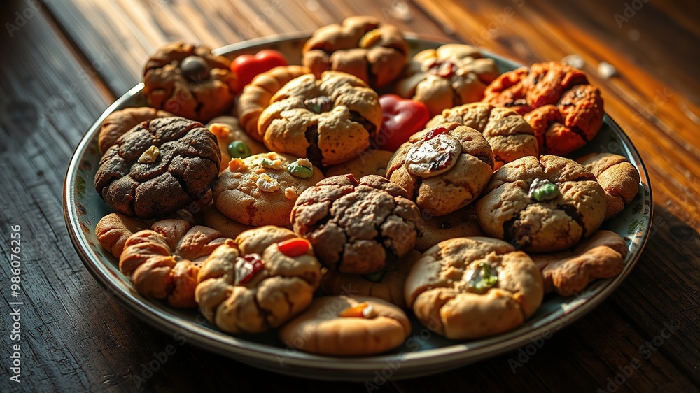 Warmly lit plate filled with a variety of sweet and crumbly cookies in different shapes and sizes, arranged in a colorful pattern on a rustic wooden table. Warmly lit plate filled with a variety of sweet and crumbly cookies in different shapes and sizes, arranged in a colorful pattern on a rustic wooden table.