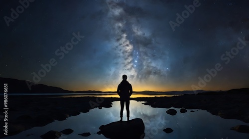 A starry night sky with a silhouette of a person gazin