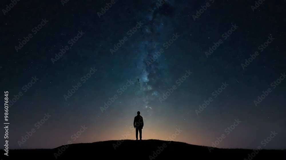 Fototapeta premium A starry night sky with a silhouette of a person gazin