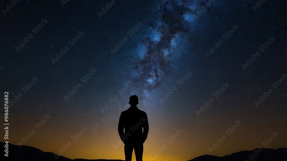 Fototapeta premium A starry night sky with a silhouette of a person gazin