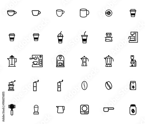 coffee icon set outline style, vector illustration