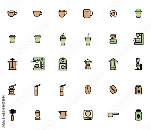 coffee icon set outline filled style, vector illustration
