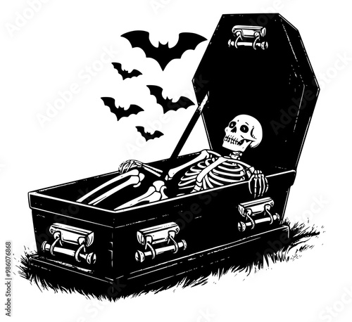 Halloween skull, bats and bones in the coffin.