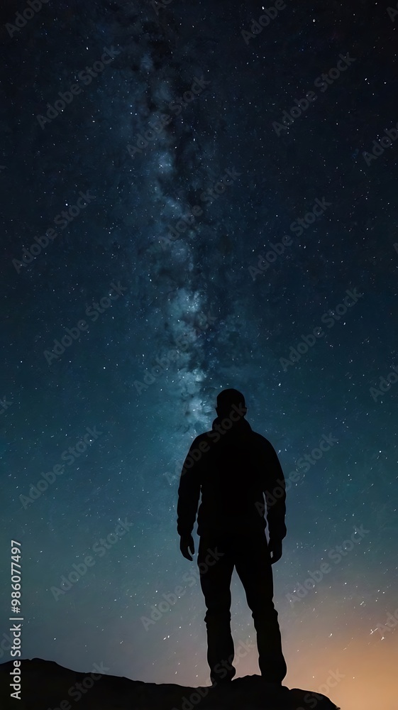 Obraz premium A starry night sky with a silhouette of a person gazin