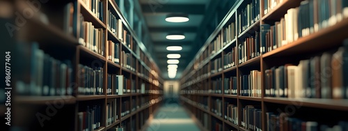 A wide view of rows and rows of books in the library, low-angle shot, depth of field, close-up, cinematic