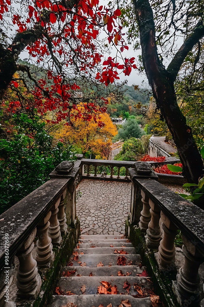 Stone Stairway Leading to a Garden in Autumn