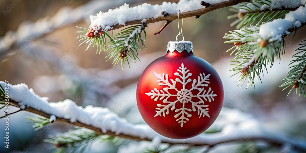 A majestic red glass ornament dangles from a branch, showcasing delicate white snowflakes that swirl across its surface, adding a touch of whimsy to the winter wonderland. A majestic red glass ornament dangles from a branch, showcasing delicate white snowflakes that swirl across its surface, adding a touch of whimsy to the winter wonderland.