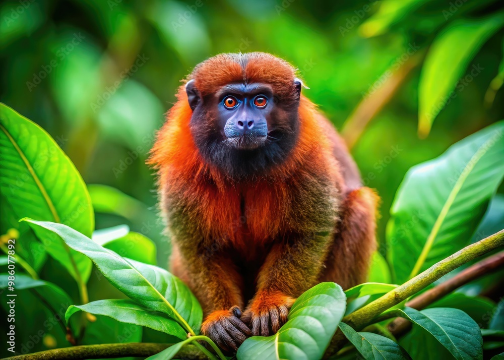 A Majestic Titi Monkey gracefully inhabits its natural environment, enveloped by verdant greenery and the vibrant foliage of a thriving jungle ecosystem. A Majestic Titi Monkey gracefully inhabits its natural environment, enveloped by verdant greenery and the vibrant foliage of a thriving jungle ecosystem.
