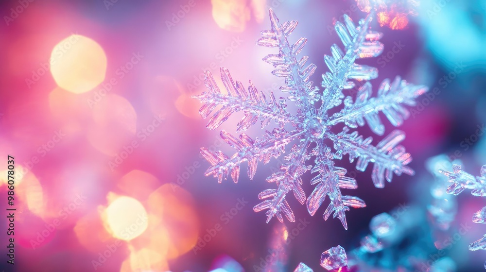 A beautiful snowflake sparkles against a colorful, blurred background, capturing the essence of winter's magic and beauty. A beautiful snowflake sparkles against a colorful, blurred background, capturing the essence of winter's magic and beauty.