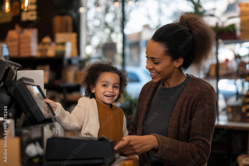African american mother with toddler at store checkout, both smiling, concept of family shopping and customer service, suitable for Small Business Saturday African american mother with toddler at store checkout, both smiling, concept of family shopping and customer service, suitable for Small Business Saturday