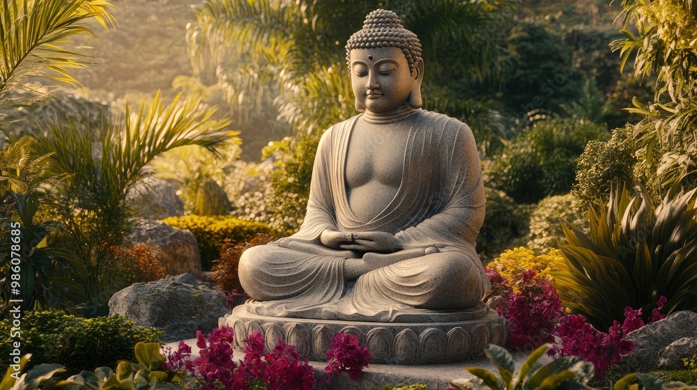 A large, serene Buddha statue made of polished granite, positioned in a peaceful garden with a variety of lush plants and flowers. The statue’s calm presence is complemented by the surrounding A large, serene Buddha statue made of polished granite, positioned in a peaceful garden with a variety of lush plants and flowers. The statue’s calm presence is complemented by the surrounding
