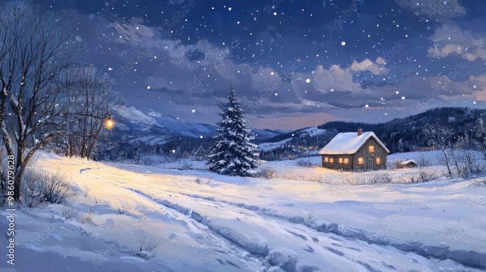 Naklejka premium A serene winter scene with snow-covered landscape, a cozy house, a Christmas tree, and softly falling snowflakes under the night sky.