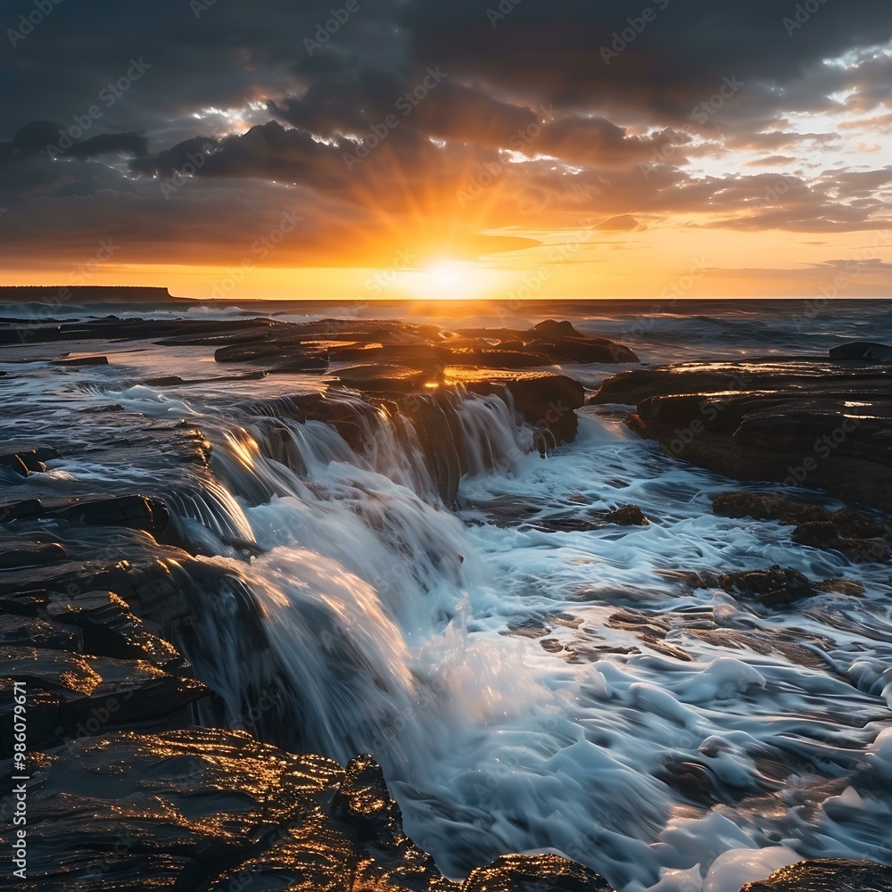 Obraz premium Sunrise over the Ocean with Waterfall