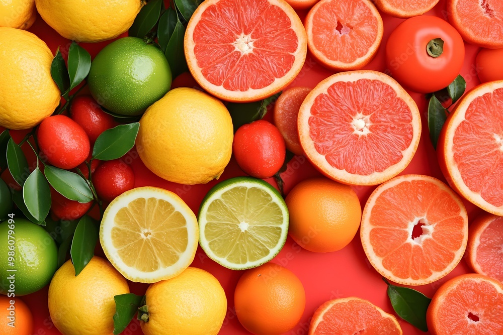 Fresh Citrus Fruits And Green Leaves On Red Background Fresh Citrus Fruits And Green Leaves On Red Background