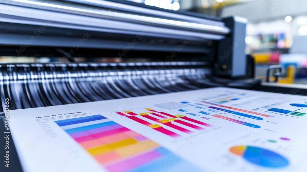 A close-up of a printing machine with colorful charts and graphs being printed, showcasing the details of the process. A close-up of a printing machine with colorful charts and graphs being printed, showcasing the details of the process.