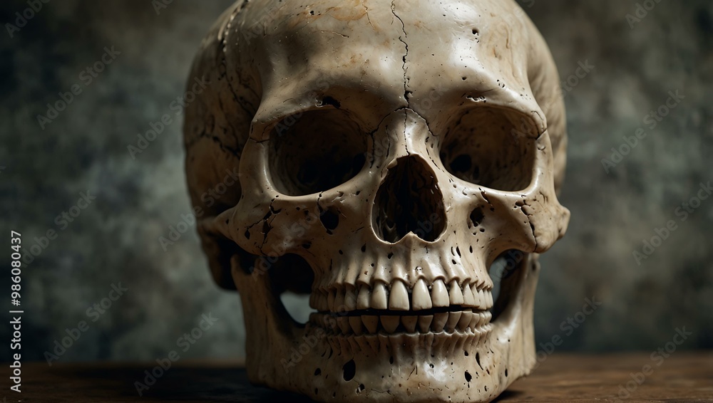 Weathered human skull, exploring themes of mortality. Weathered human skull, exploring themes of mortality.