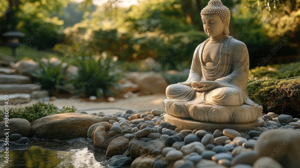 A serene Buddha statue made of polished alabaster, positioned in a tranquil garden with carefully arranged stones and a small pond. The statue’s calm demeanor is complemented by the natural textures A serene Buddha statue made of polished alabaster, positioned in a tranquil garden with carefully arranged stones and a small pond. The statue’s calm demeanor is complemented by the natural textures