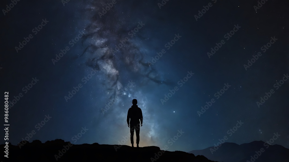 Fototapeta premium A starry night sky with a silhouette of a person gazin