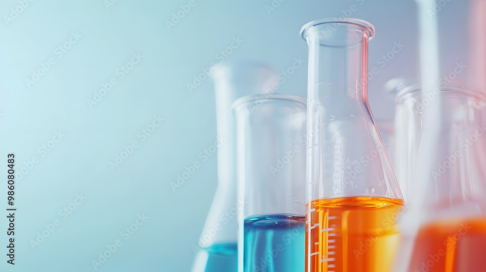 Close-up of Glass Flasks with Blue and Orange Liquids