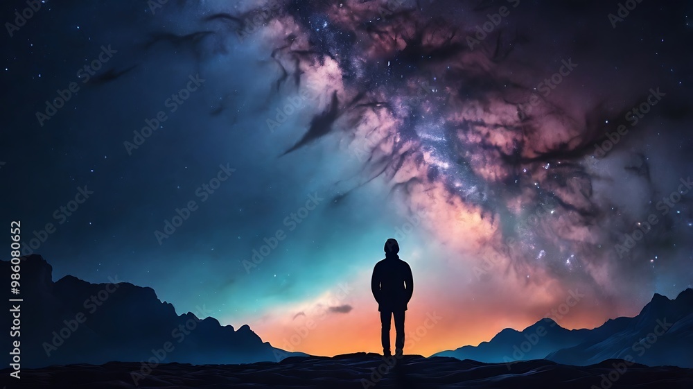 Fototapeta premium A starry night sky with a silhouette of a person gazin